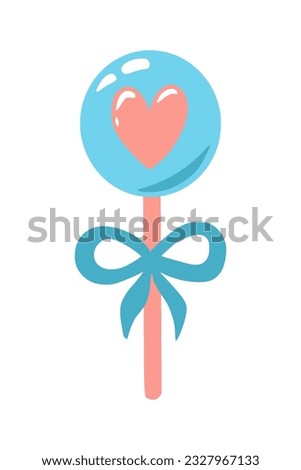 Lollipop with a heart on a stick with a bow. Sweet candy on a stick. Children's illustration for for greeting card, invitation, print, sticker. Illustration for birthday and valentine's day.