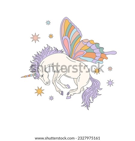 Unicorn with butterfly wings vector illustration. Groovy boho magic print design. Mystical Halloween vibes clipart.