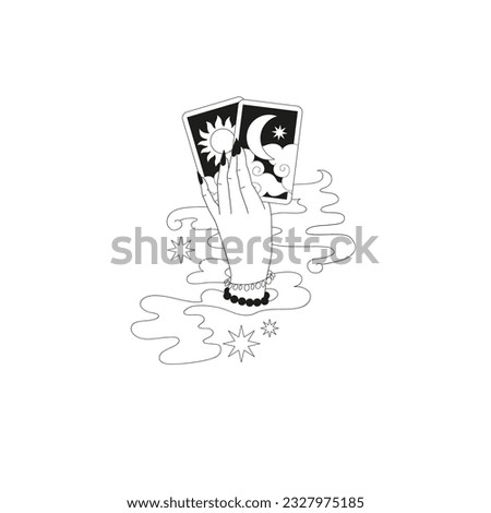 Witch hand with tarot cards fortune teller vector illustration. Groovy boho magic print design. Mystical Halloween vibes clipart.