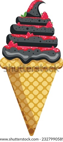 Vector illustration delicious colorful ice cream waffle cone. Icecream black sesame scoops waffle cone raspberry jam. on white background. Idea for poster, product, t-shirt. Vector icon ice cream cone