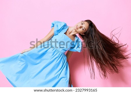 style woman beautiful young model dress studio fashion vogue pink blue