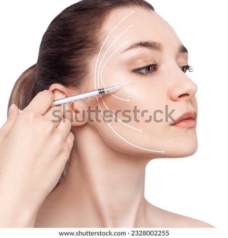 Beautiful woman has an injections on cheekbones. Anti-wrinkles injections concept. Royalty-Free Stock Photo #2328002255