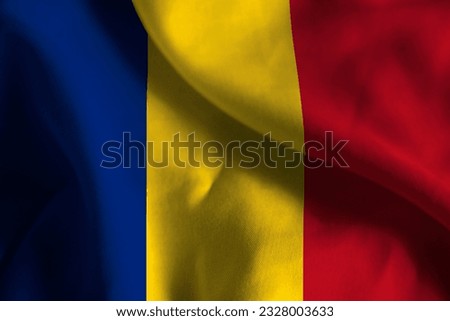 Close-up of a Ruffled Romania Flag, Romania Fabric Flag Waving in the Wind