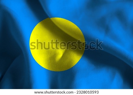 Close-up of a Ruffled Palau Flag, Palau Fabric Flag Waving in the Wind