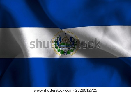 Close-up of a Ruffled El Salvador Flag, El Salvador Fabric Flag Waving in the Wind