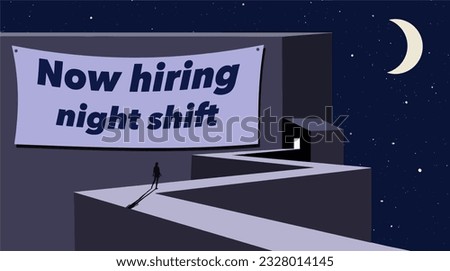 A female job seeker pauses before applying for a factory job that is for night shift, 3rd shift, jobs. Higher pay, terrible hours. This is a 3-d illustration. Royalty-Free Stock Photo #2328014145