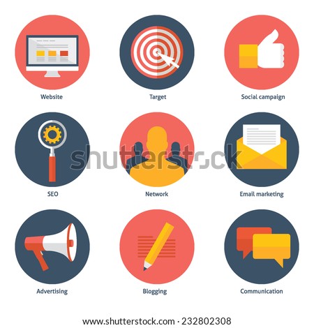 Set of flat design colorful vector illustration icons for digital marketing, social campaign, seo, advertising, blogging, communication isolated on white
