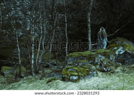 Norse woman looking into dense woods. Medieval clothing and closeness to nature evokes another time and world lost to us in our modern world. Creative coloring and textures evokes mysticism. Royalty-Free Stock Photo #2328031293