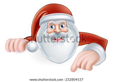 An illustration of a cute Cartoon Santa Pointing at a sign