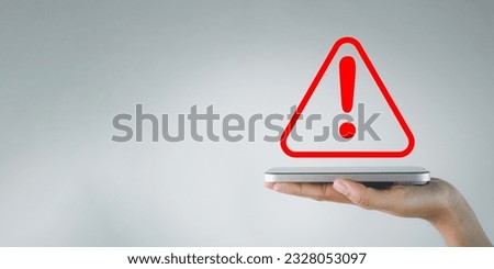 Technology concept.,Hand sign posture ignore with smartphone with red attention sign with copyspace perfect for Network security,Virus, Spyware,cybercrime,Cyber security.