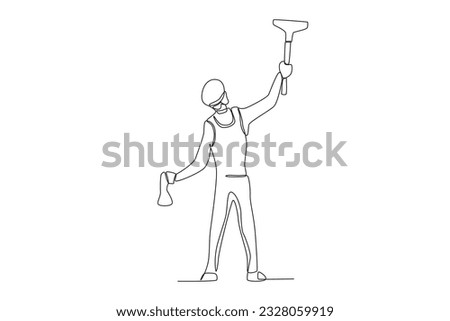 A man paints the upper wall. Cleaning service one-line drawing