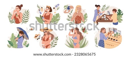 Flat design sun protection routine and shopping for skincare product set. Women in swimsuits applying sunscreen on face and body. Royalty-Free Stock Photo #2328065675