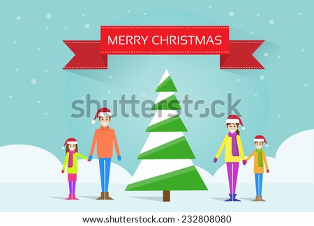 christmas happy family with green tree greeting card with happy new year banner vector illustration