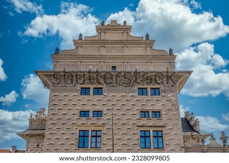Schwarzenberg palace in Prague castle, fine example of Renaissance art with Sgraffito or graffito decorations on the wall give the impression that the walls are built out of large pyramid shaped stone Royalty-Free Stock Photo #2328099805