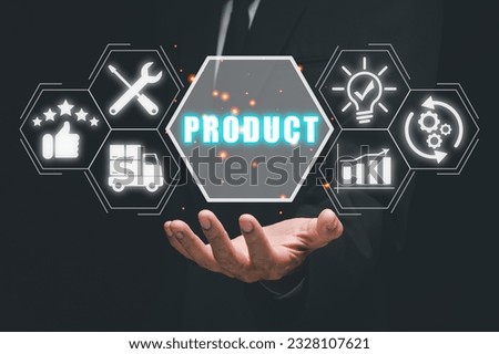 Product concept, Businessman hand holding product icon on virtual screen.