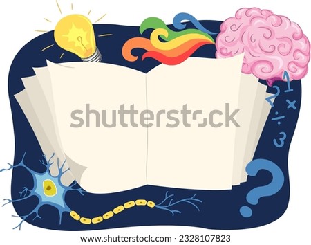 Illustration of Open Book about the Brain with Light Bulb, Math Numbers, Question Mark and Neuron Cell