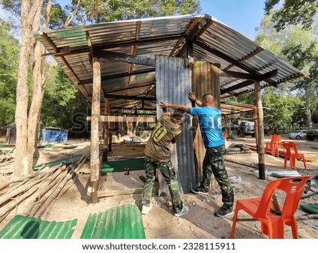 Pictures of living and way of life in the forest Shelter made of wood and canvas in Thailand.