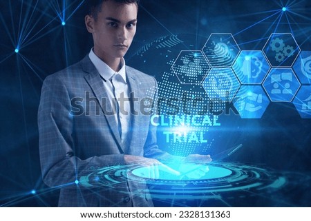 Business, technology, internet and network concept. Young businessman thinks over the steps for successful growth: Clinical trial