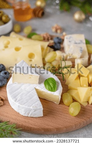 Cheese plate with a variety of cheeses, honey, grapes, nuts, olives, blueberries and fresh herbs on a concrete background. Festive Christmas and New Year's snack. Top view, copy space.