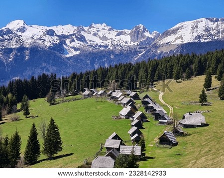Zajamniki - the Alpine meadow with houses arranged in a row, with snow-covered Julian Alps in the background Royalty-Free Stock Photo #2328142933