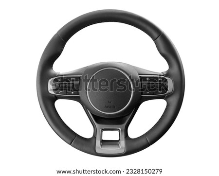 Modern car interior. Steering wheel with media phone control buttons isolated on white background. Car interior details. Steering wheel isolated on white background