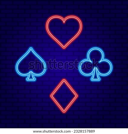 Red and Blue Neon Line Card Suits for Poker and Casino on Dark Purple Wall background vector illustration
