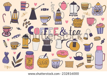 The set of vector icons with coffee and tea kettles. Cups, sweets, candies. Food and drinks. Hand drawn vector background