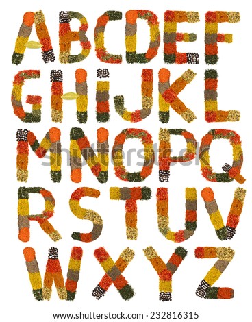 English alphabet set made of spices and herbs