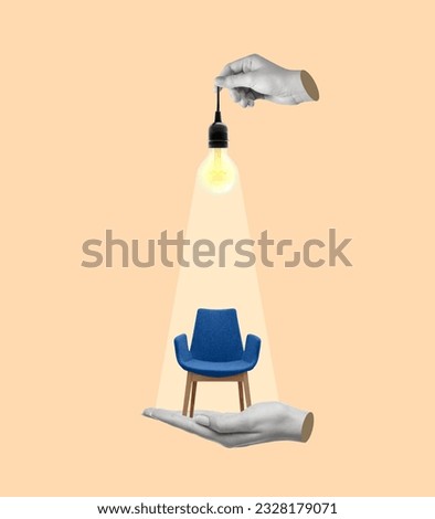 A hand holds a light bulb on an office chair. Contemporary art collage. Hiring and recruitment concept. Modern design. Royalty-Free Stock Photo #2328179071