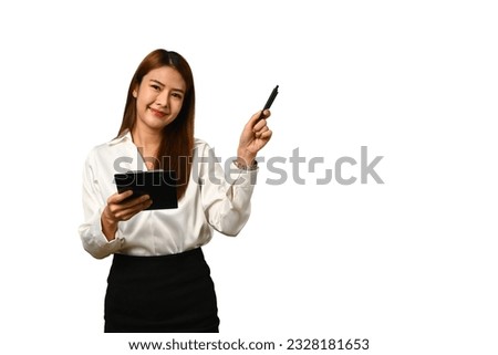 Pretty asian woman office worker holding clipboard and printing at empty space on white background