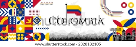 Colombian Declaration of Independence Day abstract banner design with flag and map. Flag color theme geometric pattern retro modern Illustration design. Yellow, Blue and red flag color template. Royalty-Free Stock Photo #2328182105