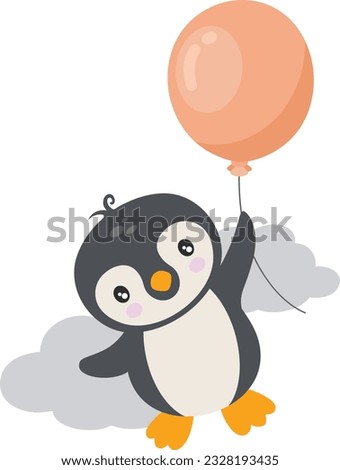 Cute penguin flying holding a balloon
