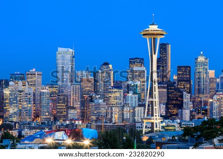 Downtown Seattle skyline at twilight, Washington State