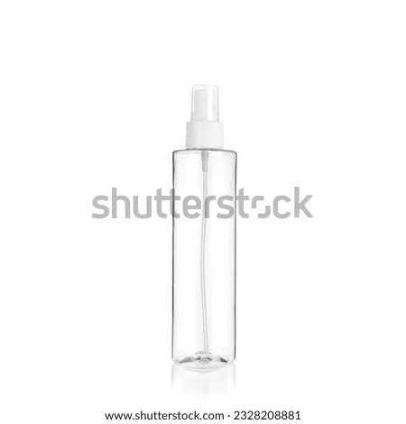 Transparent cylindrical PET bottle container with white spray pump. Packaging of antiseptic. Template of a bottle for cosmetics and medical products.  Isolated on white background, copy space template Royalty-Free Stock Photo #2328208881