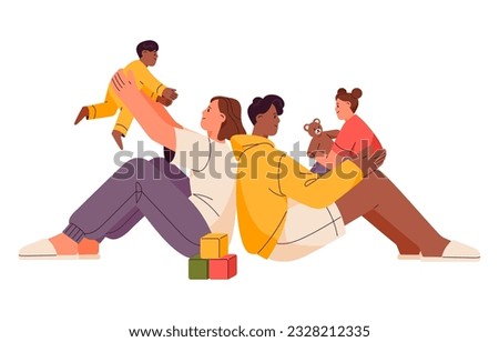 Family, parent and kids play together. Biracial mother, father spend time with children. Happy parenthood concept. Mom, dad and toddlers. Flat graphic vector illustration isolated on white background Royalty-Free Stock Photo #2328212335