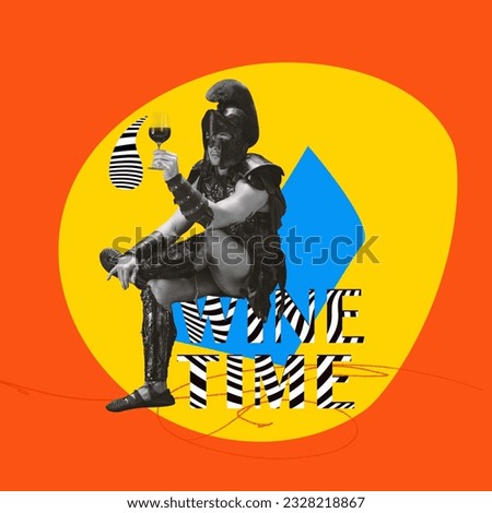 Contemporary art collage. Young man in image of medieval knight raising glass of wine over bright background. Concept of creativity, comparison of eras, fashion, imagination, ad