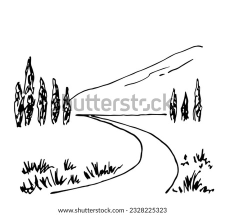 Summer mountain landscape, nature. Road into the distance, cypress trees, grass. Simple hand drawn vector sketch in ink. Black outline drawing.