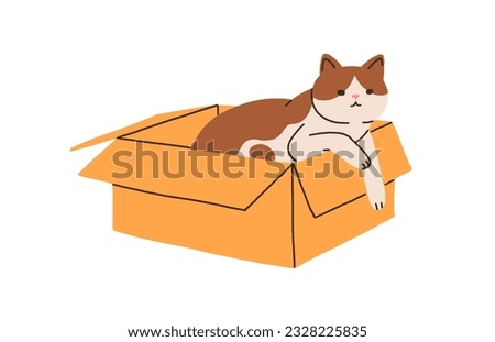 Cute cat lying inside cardboard box. Funny kitty relaxing in open carton package. Amusing sweet lovely feline animal on paperboard packing. Flat vector illustration isolated on white background