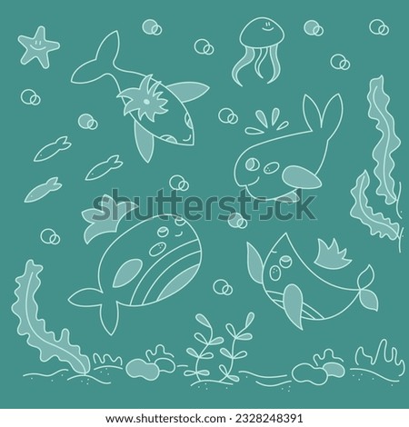 Set with four cute different whales. Doodle color vector illustration.