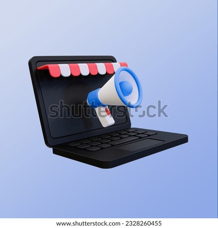 3d minimal business advestisment. promotion announcement. business marketing. storefront laptop with megaphone 3d illustration. clipping path included.