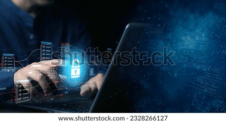 Businessman working on laptop with virtual screen. Online documentation database, IT consultant being set up Virtual Document Management System with a laptop, Software for archiving corporate files. Royalty-Free Stock Photo #2328266127