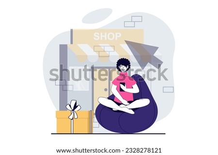 Mobile commerce concept with people scene in flat design for web. Man making purchases and online orders in app and getting gifts. Vector illustration for social media banner, marketing material.