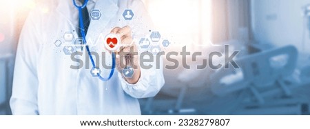 Medical technology network concept, Medicine doctor and stethoscope in hand touching icon medical network connection with modern virtual screen interface. Digital healthcare. Insurance.