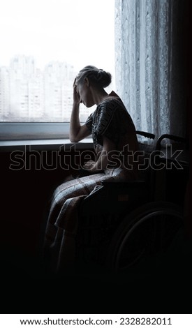 Adult poor sick ill holy devote lady seat dark old cold home room light white war city sky text space. sullen fail fear frown sit teen human face beg hand ask god Jesus Christ wait love hope concept Royalty-Free Stock Photo #2328282011