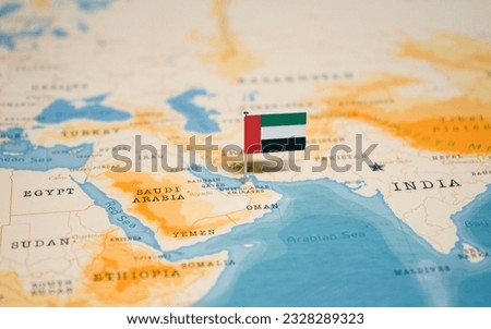 The Flag of United Arab Emirates on the World Map. Royalty-Free Stock Photo #2328289323