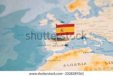 The Flag of Spain on the World Map.