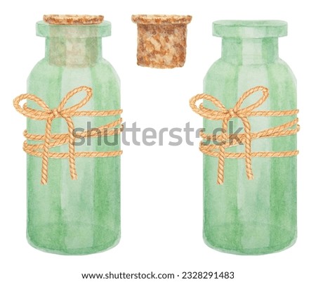 Set of watercolor green glass bottles with cork stopper and rope. Clip art, drawing, sketch, illustration. Stylish original hand-drawn graphic for fashion, spa, beauty, cosmetics, medicine.