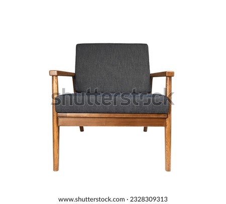 Wood and brown Lounge Chair Isolated on White Background. Modern Upholstered Living Room Armchair with Solid Wood Frame Construction. Arm with Wood Armrests over white background studio shot Royalty-Free Stock Photo #2328309313