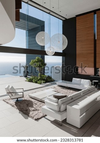 Modern living room overlooking ocean Royalty-Free Stock Photo #2328313781