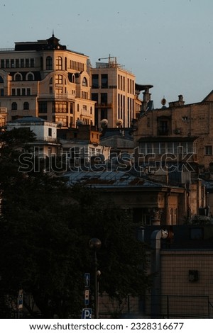 Buildings on Independence Square, sunset, Kyiv, June 2023
